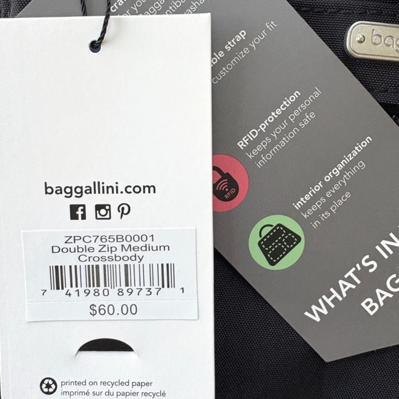 Baggallini Double Zip Medium Black Crossbody Bag RFID Adjustable Strap - Picture 4 of 9